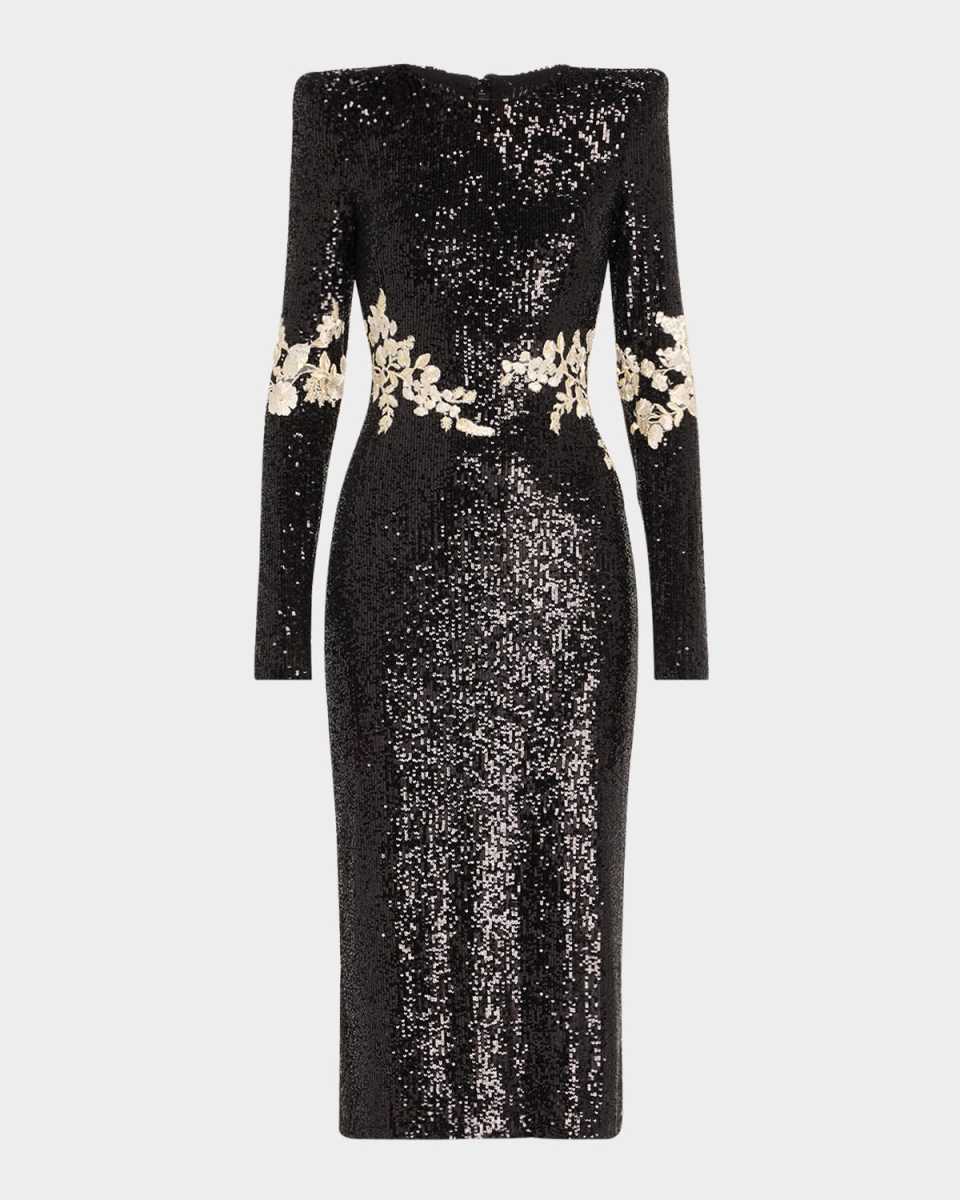 Floral Applique Stretch Sequined Strong-Shoulder Midi Dress